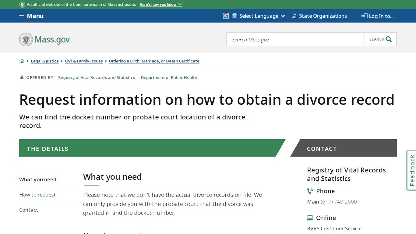 Request information on how to obtain a divorce record | Mass.gov